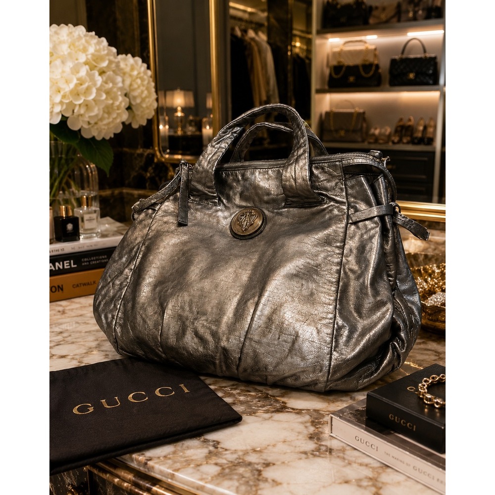 Gucci Hysteria Metallic Silver Leather Crest Tote Bag 197022 001998